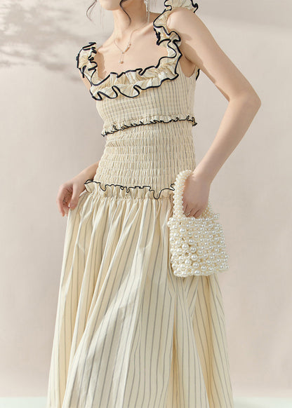 Apricot Ruffled Patchwork Slim Long Dress Sleeveless