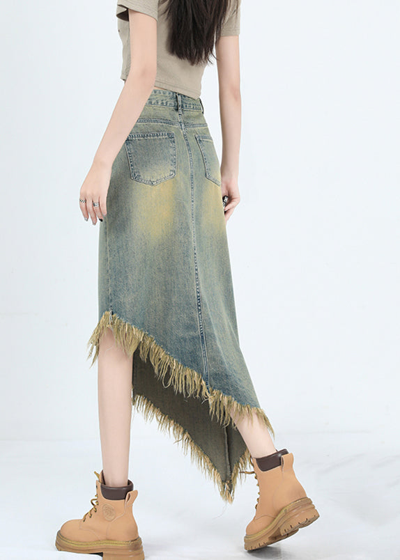 Blue Asymmetrical Tasseled Denim Skirt Summer