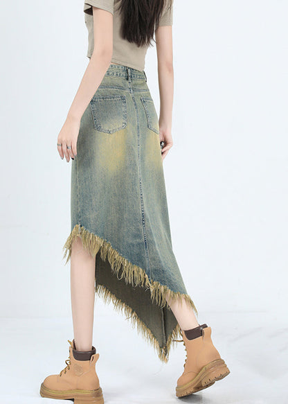 Blue Asymmetrical Tasseled Denim Skirt Summer