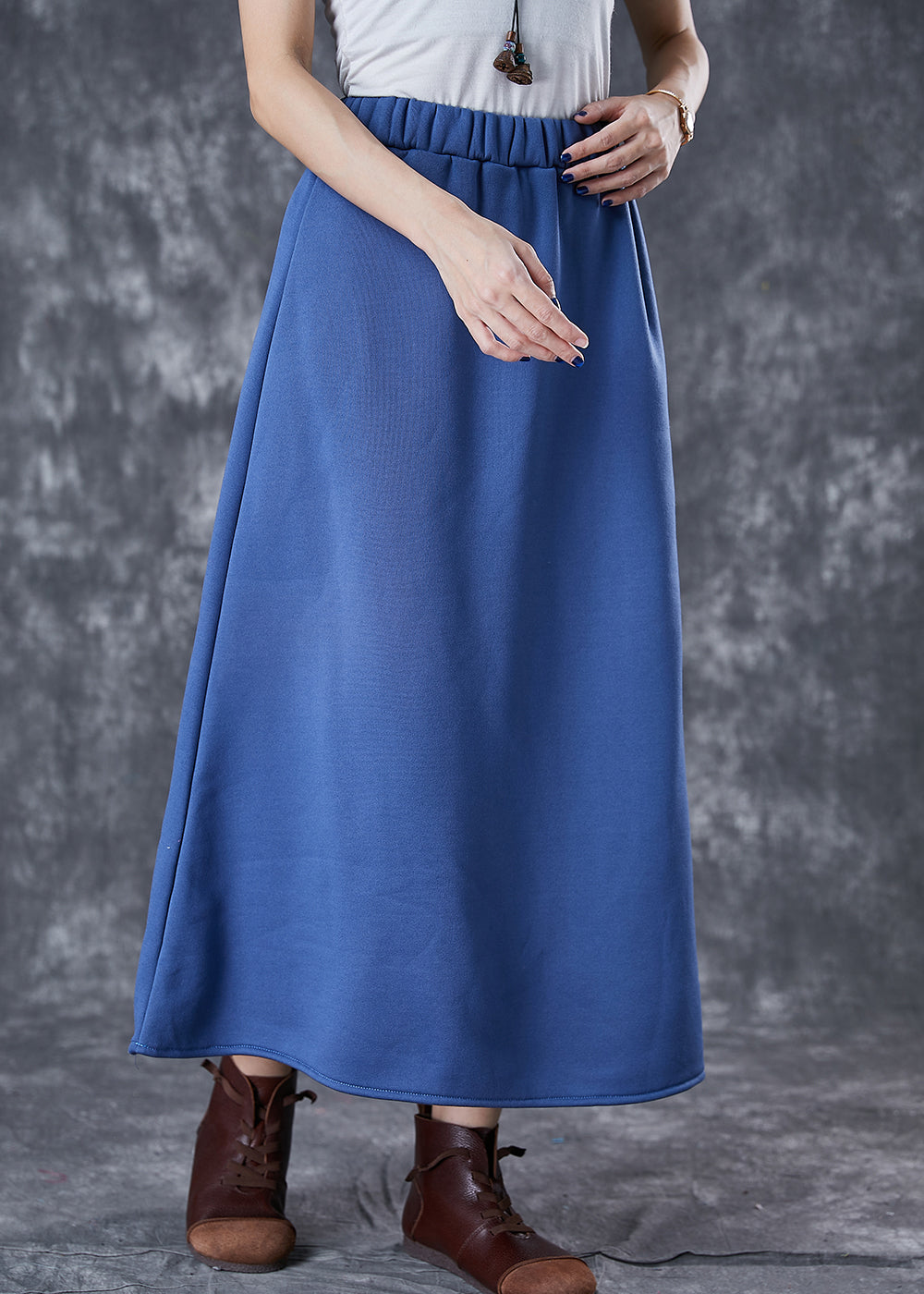 Blue Elastic Waist Cotton a Line Skirts Fall