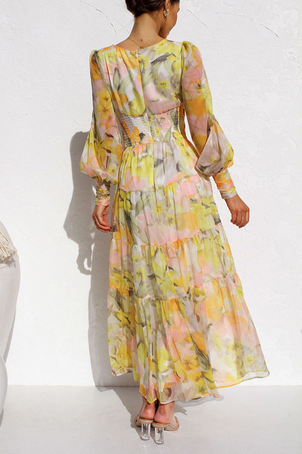 Yellow Olena Abstract Balloon Sleeves Maxi Dress