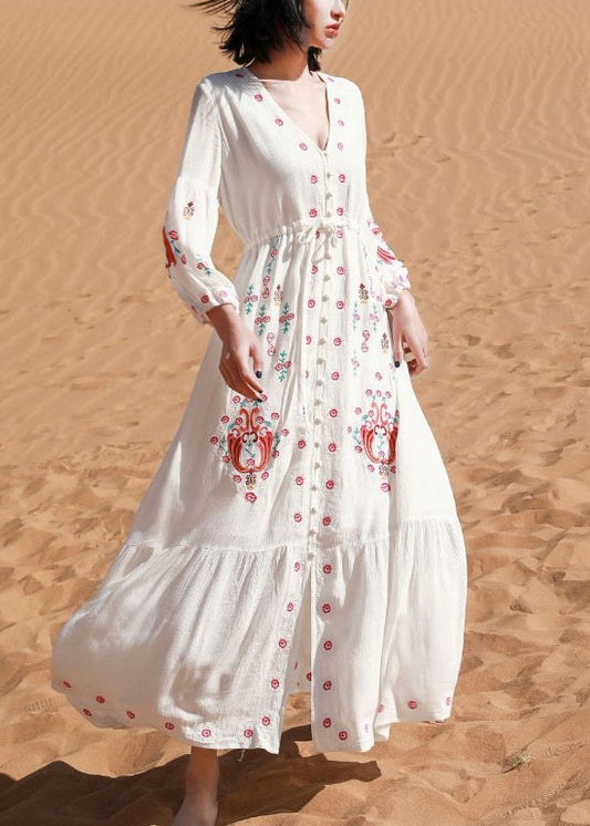 White V Neck Print Tie Waist Cotton Shirts Dresses Spring