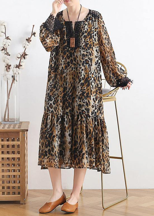 Simple Lapel Patchwork Chiffon Dress Work Outfits Leopard a Line Dress
