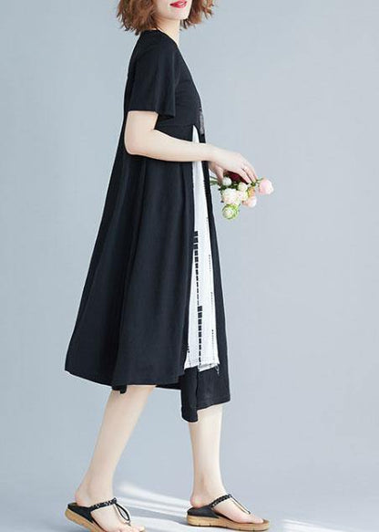 Modern Patchwork White Prints Cotton Tunics Asymmetric Hem Short Summer Dress