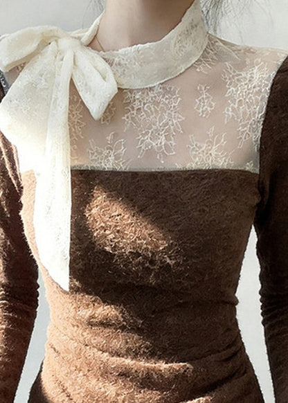 Brown Lace Up Lace Patchwork T Shirt Flare Sleeve