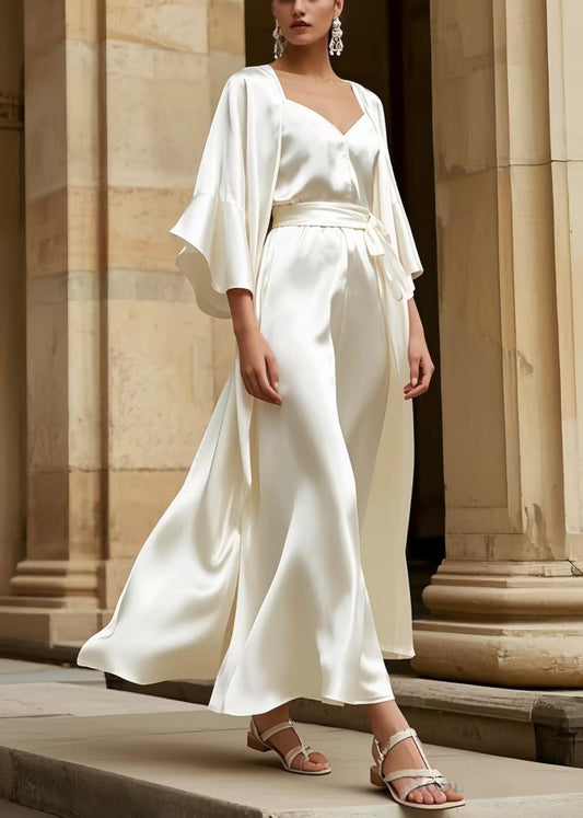 Milk White Square Collar Draping Silk Tunic Dress Half Sleeve