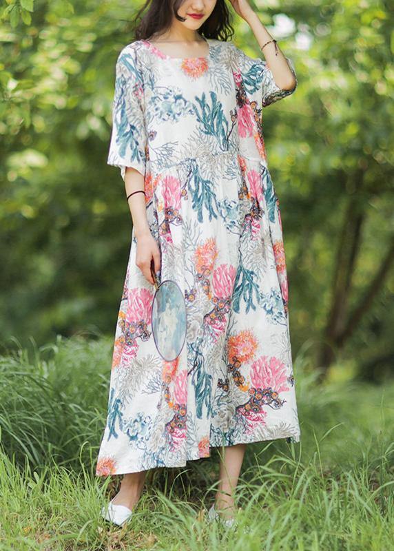 100% O Neck Baggy Linen Robes Wardrobes White Print Dress