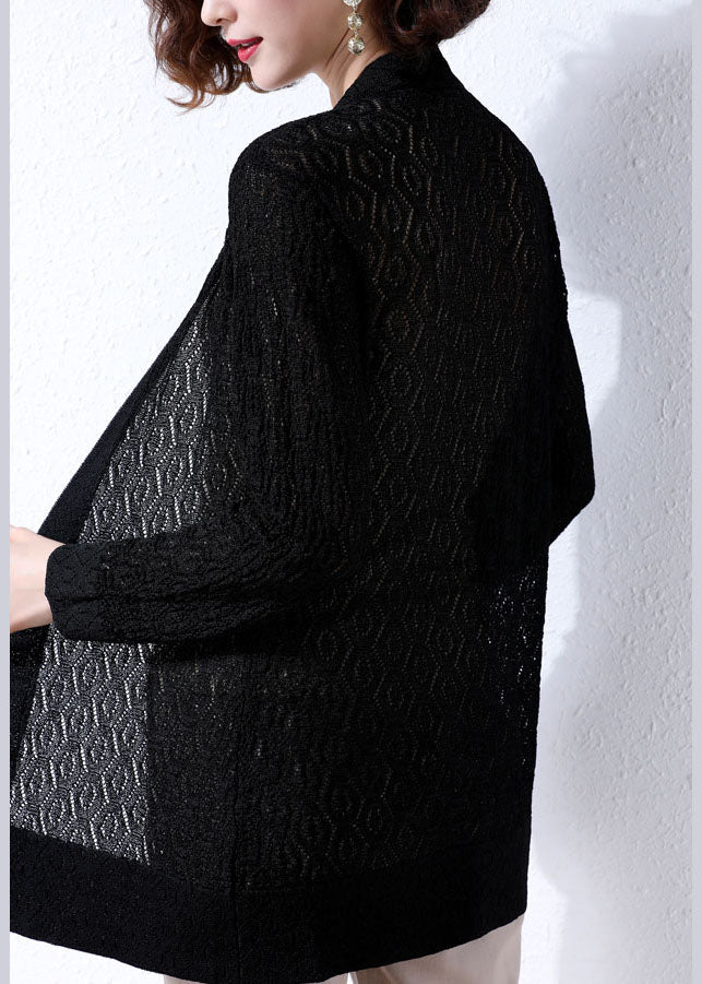 Black Patchwork Knit Cardigans Embroidered Hollow Out Fall