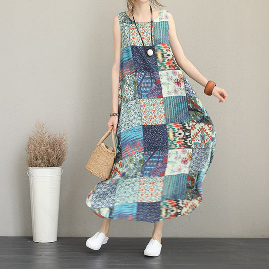 Baggy Patchwork Prints Linen Dresses Loose Fitting Sleeveless Traveling Clothing Big Hem Linen Caftans