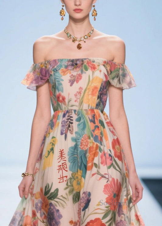 Apricot Print Exra Large Hem Chiffon Strapless Dress Summer
