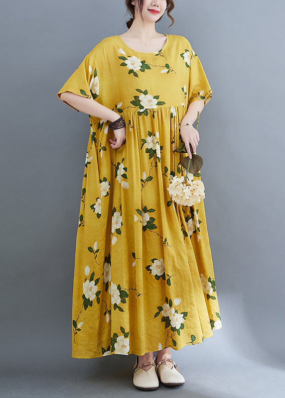 Style Yellow O-neck Cinched Print Long Dresses Short Sleeve