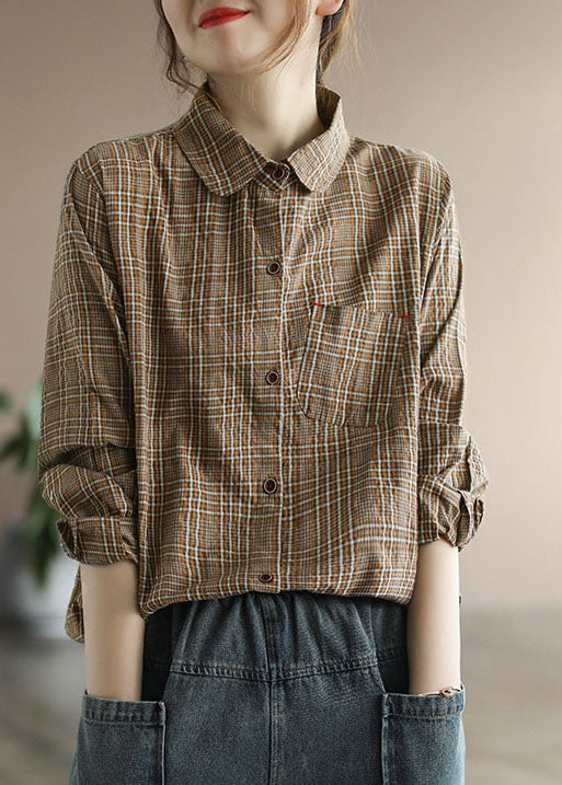 Coffee Plaid Cotton Shirt Tops Pocket Long Sleeve