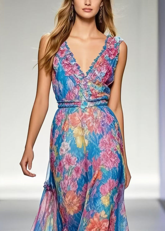 Organic Blue Print Chiffon Beach Sundresses Sleeveless