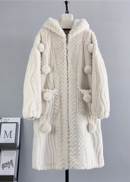 Loose Beige Zip Up Fuzzy Ball Decorated Mink Velvet Hoodie Coat Winter