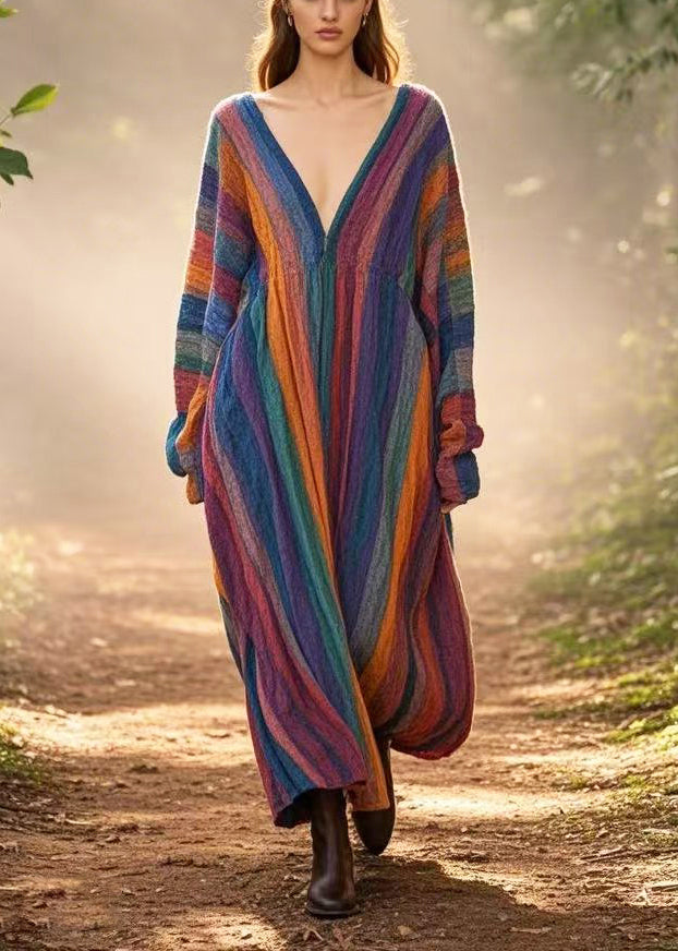 Rainbow Oversized Striped Cotton Long Dresses Spring