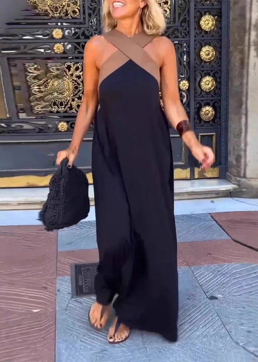 Black Patchwork Crossing Holiday Dresses Summer