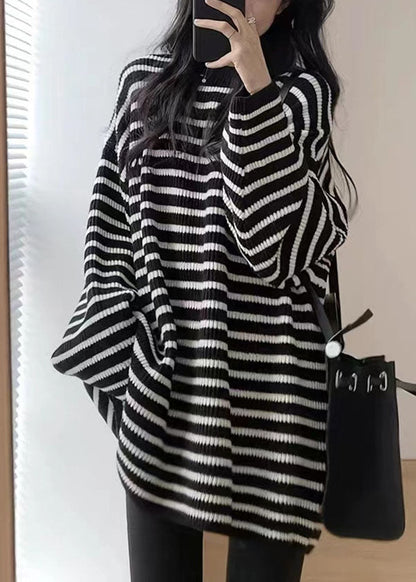 Black White Striped O-neck Cozy Mid Knit Sweater Fall