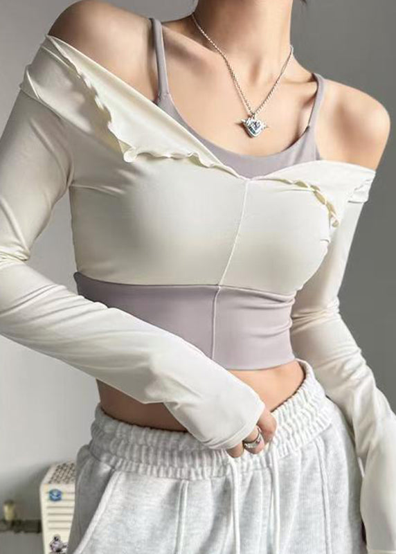 White Ruffled Patchwork Fake Two Pieces Long Sleeve Yoga Top
