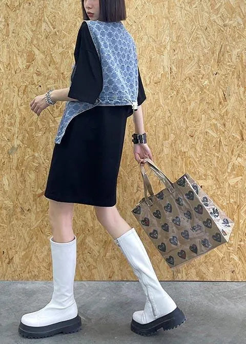 Two Piece Blue Black Denim Vest With Loose and Fashionable Skirt