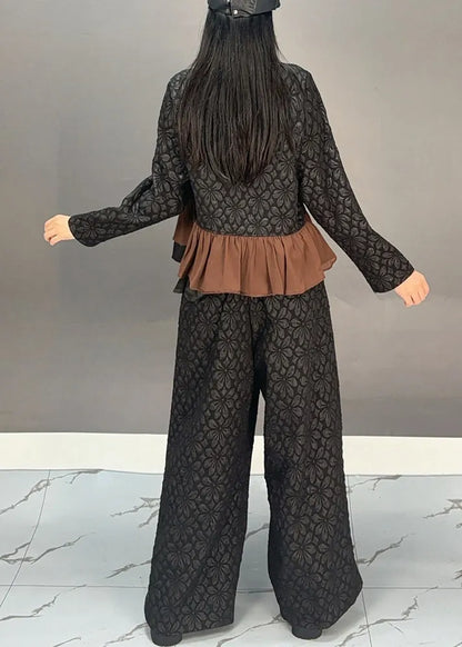 Chinese Style Black V Neck Button Top and Wide Leg Pants Two Pieces Set Spring