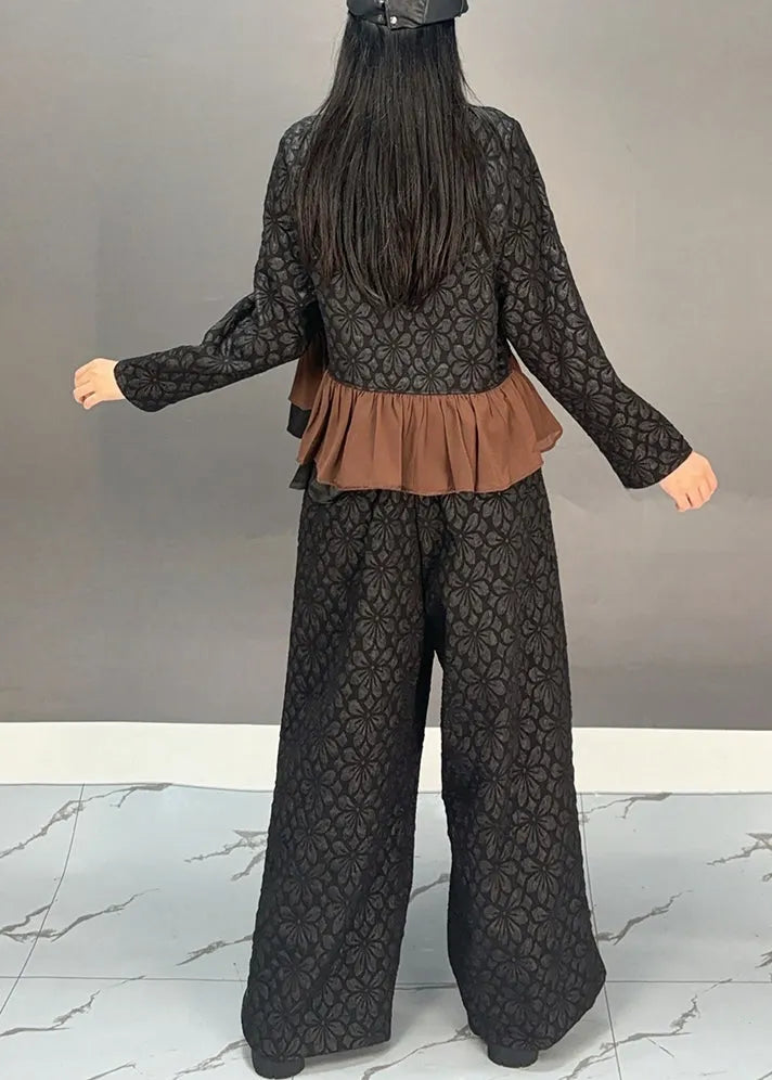 Chinese Style Black V Neck Button Top and Wide Leg Pants Two Pieces Set Spring