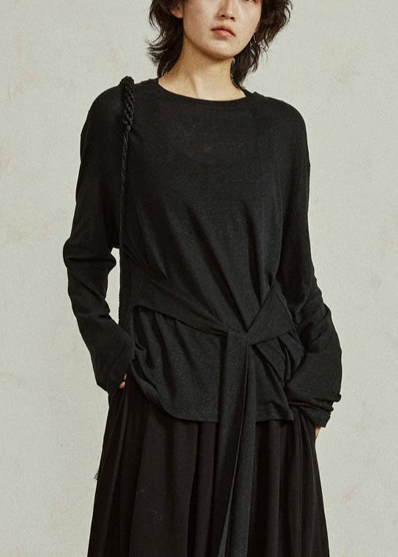 Black O-neck Tie Waist Tops Fall