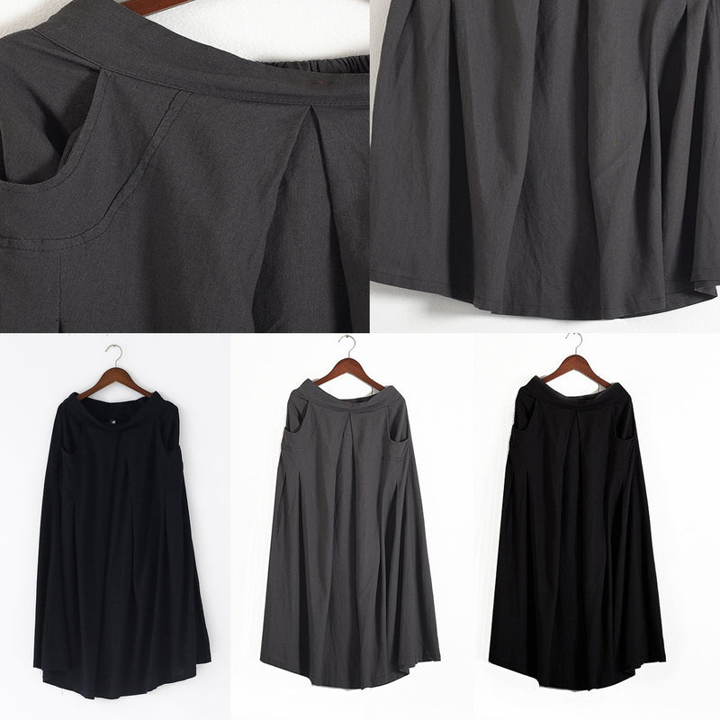 Grey Long Linen Maxi Skirt Pockets Pleated Skirts