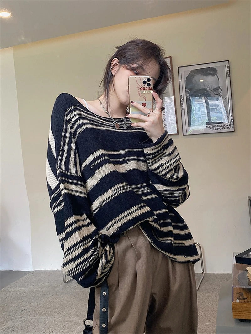 Carolin® | Striped patchwork knit sweater for women with a loose fit