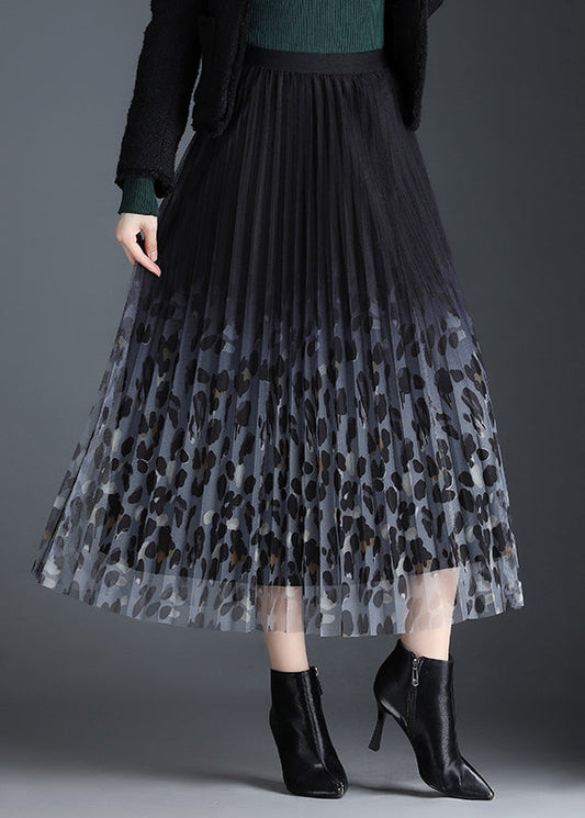 Black Tulle Print Pleated Fall Skirt