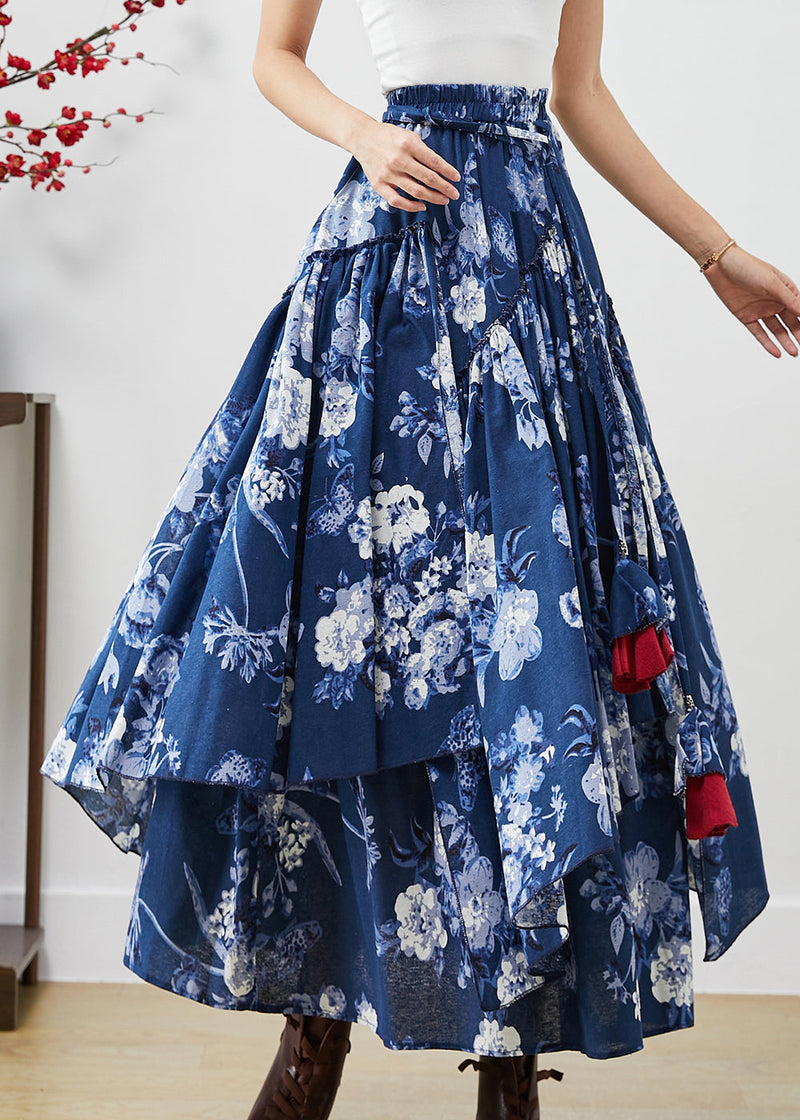 Blue Cotton Skirts Asymmetrical Exra Large Hem Fall