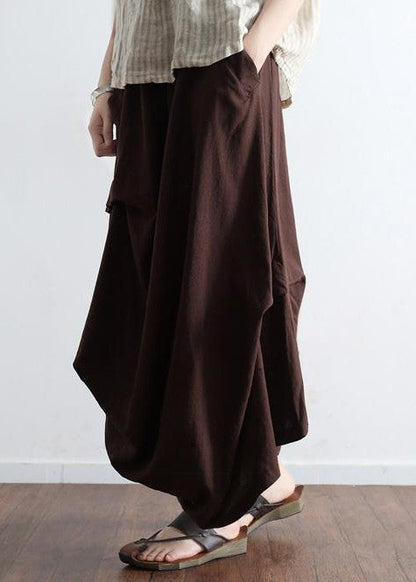 White Flowers and Birds Oversized Linen Skirts Asymmetrical Design Elastic Waist Long Skirt