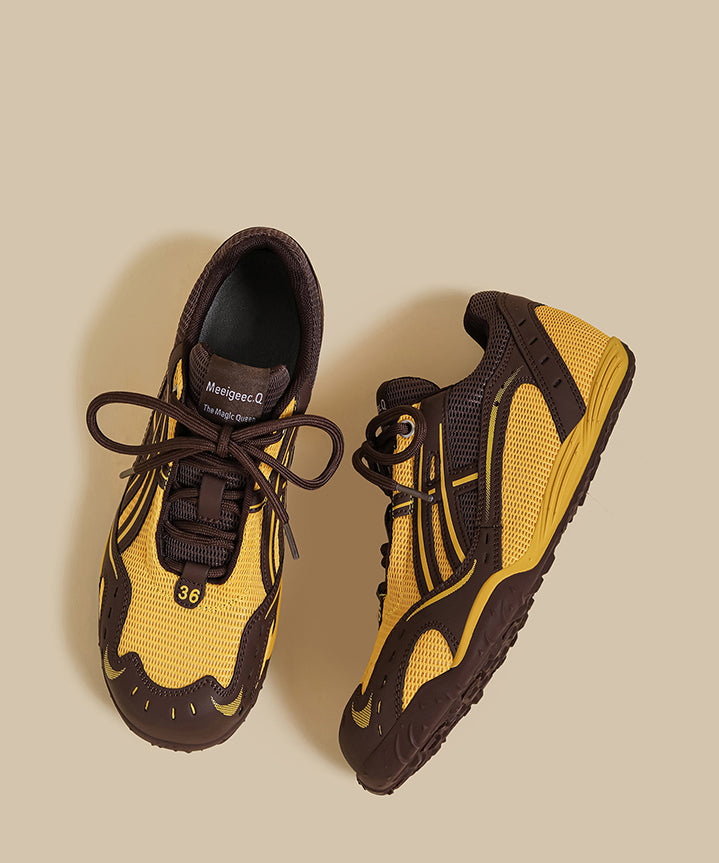 Lace Up Splicing Flat Feet Shoes Yellow Breathable Mesh