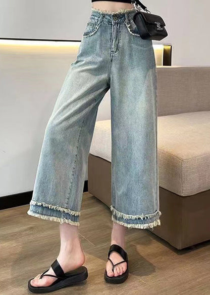 Blue Tasseled Pockets Denim Wide Leg Pants Spring