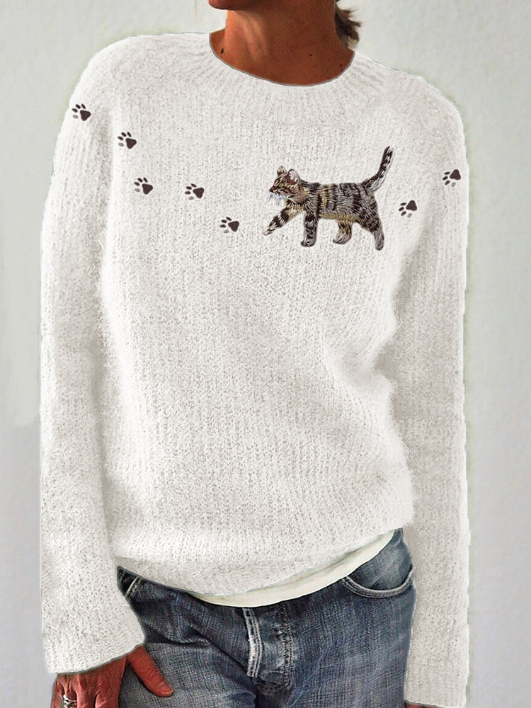 Cat & Paw Prints Yoke Embroidered Cozy Knit Sweater elevenforest