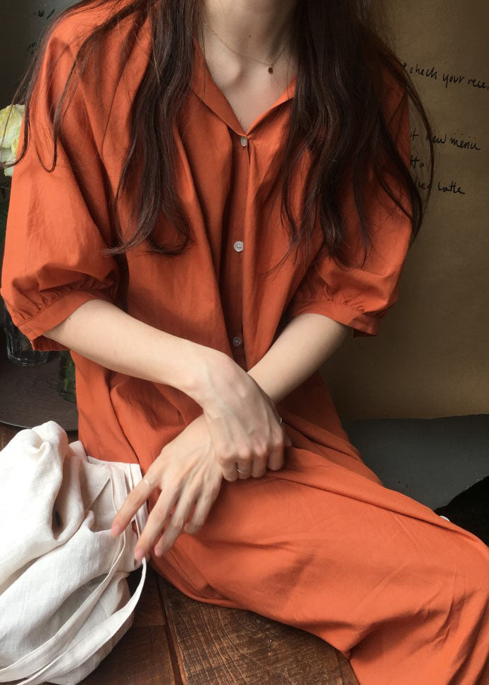 Brick Red Button Cotton Dresses Wrinkled Half Sleeve