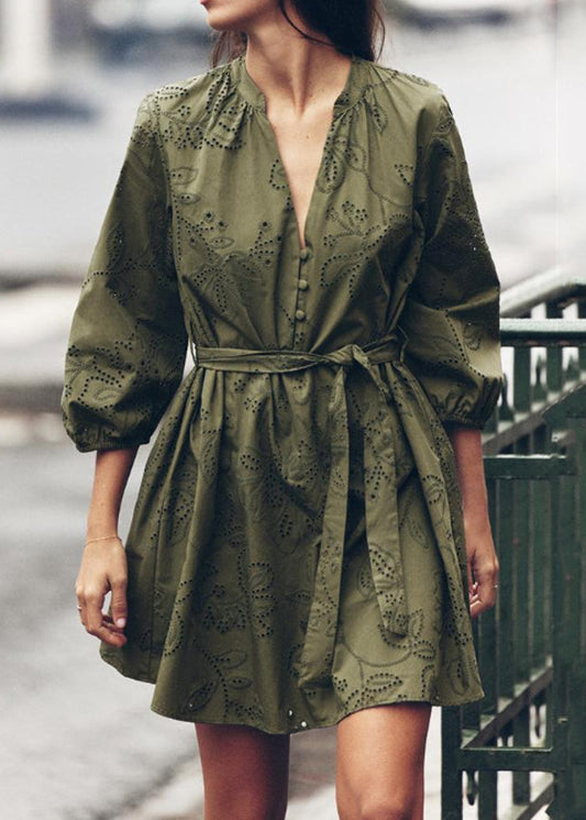 Army Green Hollow Out Tie Waist Cotton Mid Dress Bracelet Sleeve
