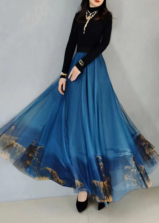 Blue Wrinkled Print Elastic Waist Tulle Skirt Spring
