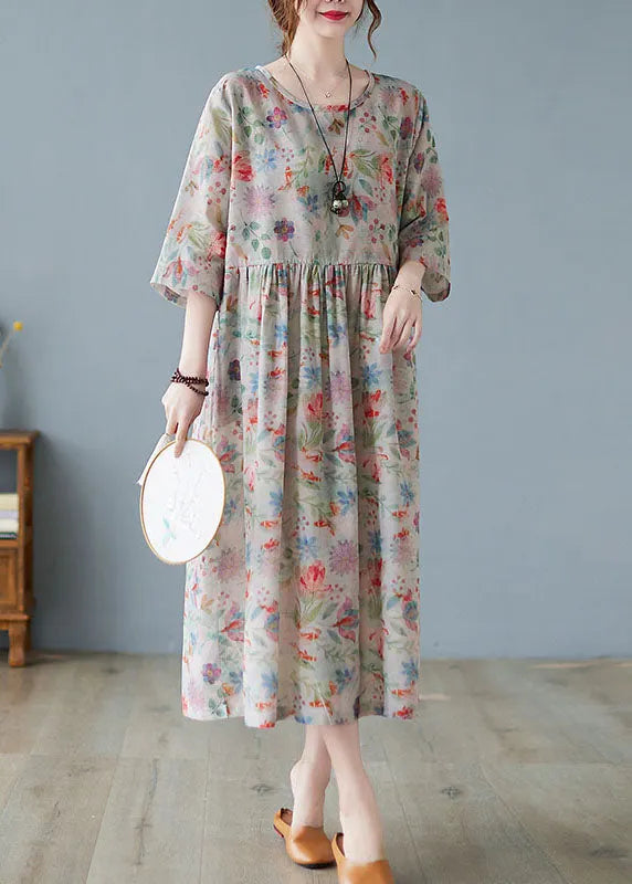 Wrinkled Print Exra Large Hem Linen Long Dress Three Quarter Sleeve