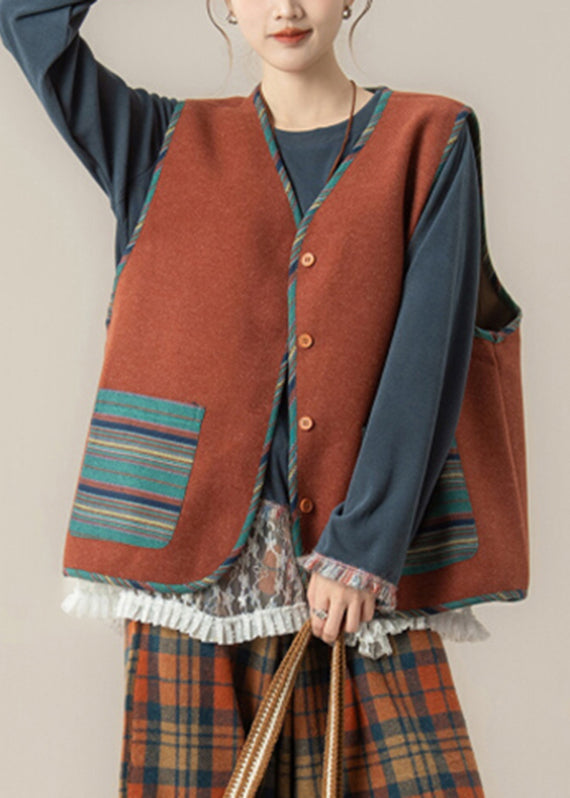 Red Striped Pockets Button Waistcoat and Top Two Piece Set Fall