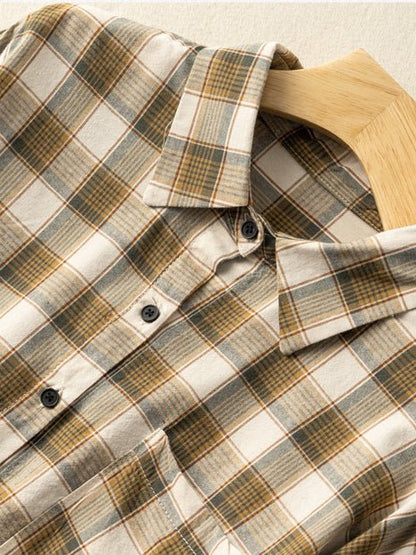 100% Natural Fabric Loose Mid Length Plaid Shirt