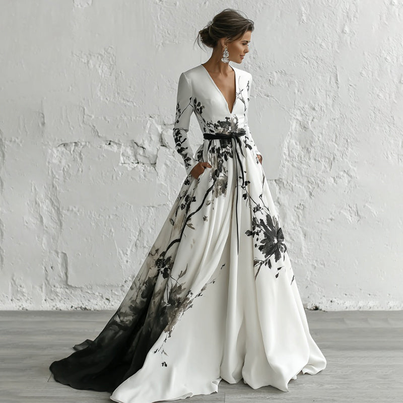 Women's Ink Wash Painting Art V-neck Long Sleeve Maxi Dress elevenforest