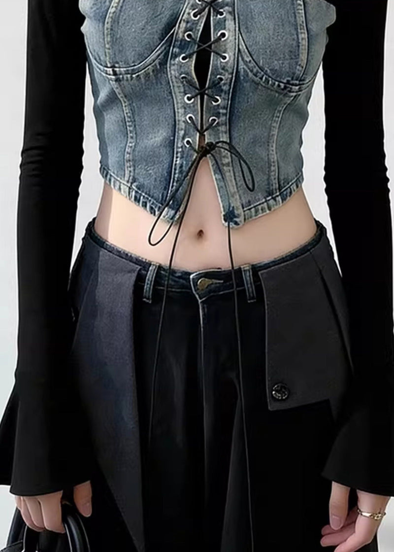 Blue Lace Up Patchwork Denim T Shirts Flare Sleeve