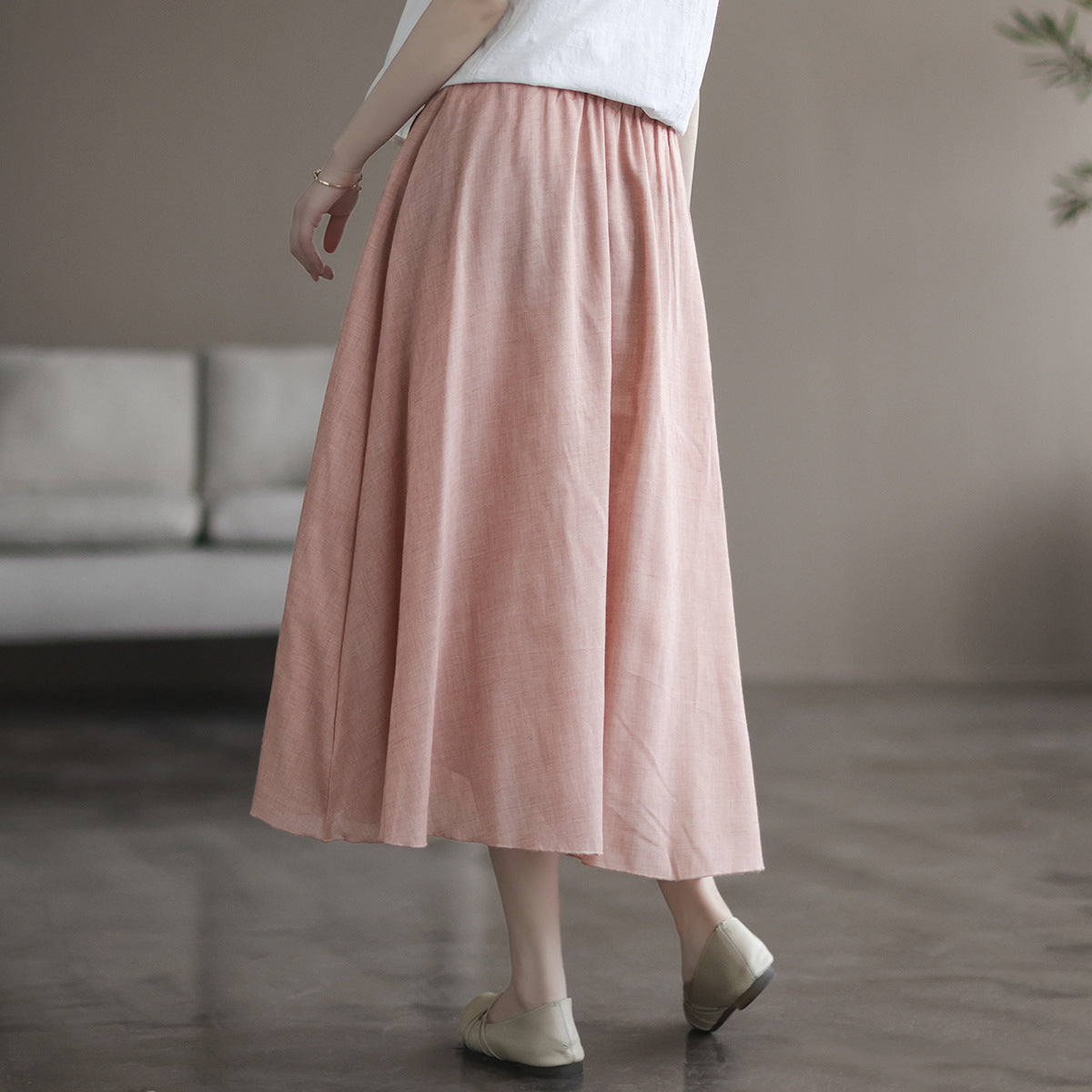 Double Cotton Linen Embroidered Buckle A-line Skirt