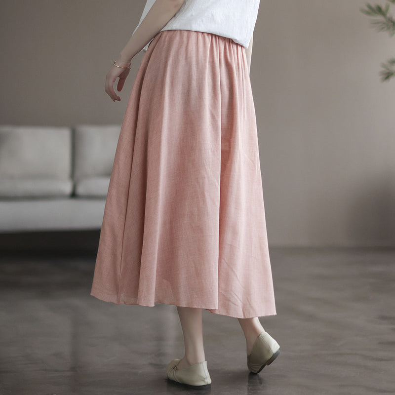Double Cotton Linen Embroidered Buckle A-line Skirt
