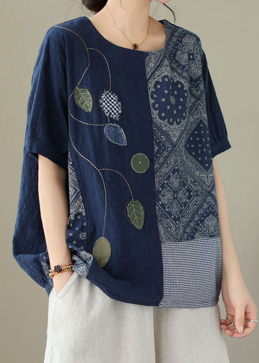 Navy Embroidered Print Patchwork Cotton T Shirt Tops Summer