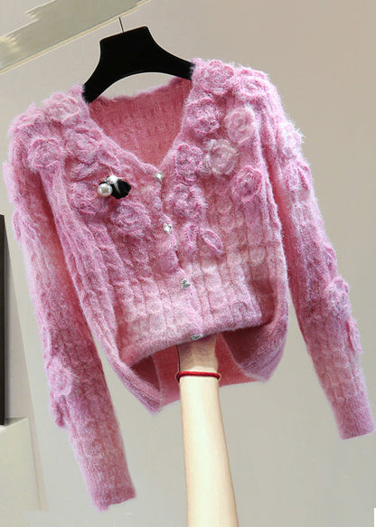 Pink V Neck Zippered Cotton Knit Sweaters Winter