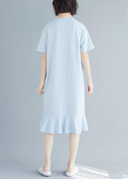 100% Blue Prints O Neck Cotton Dress Ruffles Hem Robe Summer Dresses