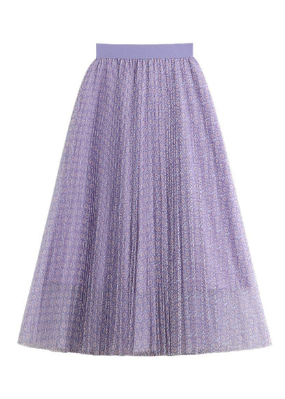 Purple Print Wrinkled Elastic Waist Tulle Pleated Skirt Summer