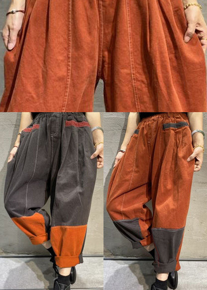 Orange Pockets Cotton Pants Spring