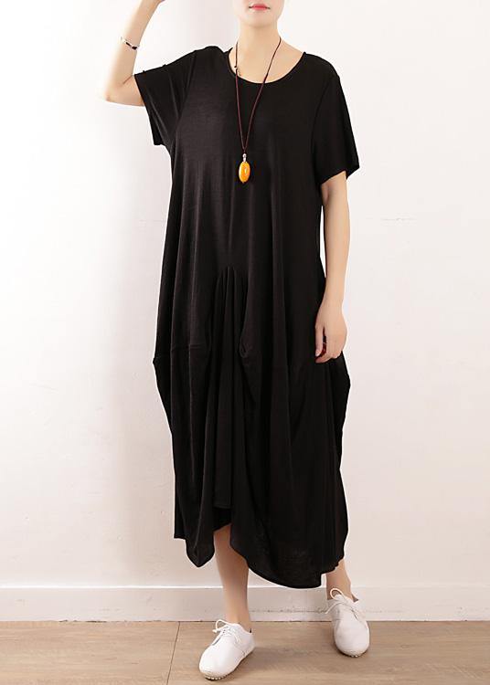 French Black Linen Quilting Dresses Fitted Sleeve Big Hem a Line Summer Dress